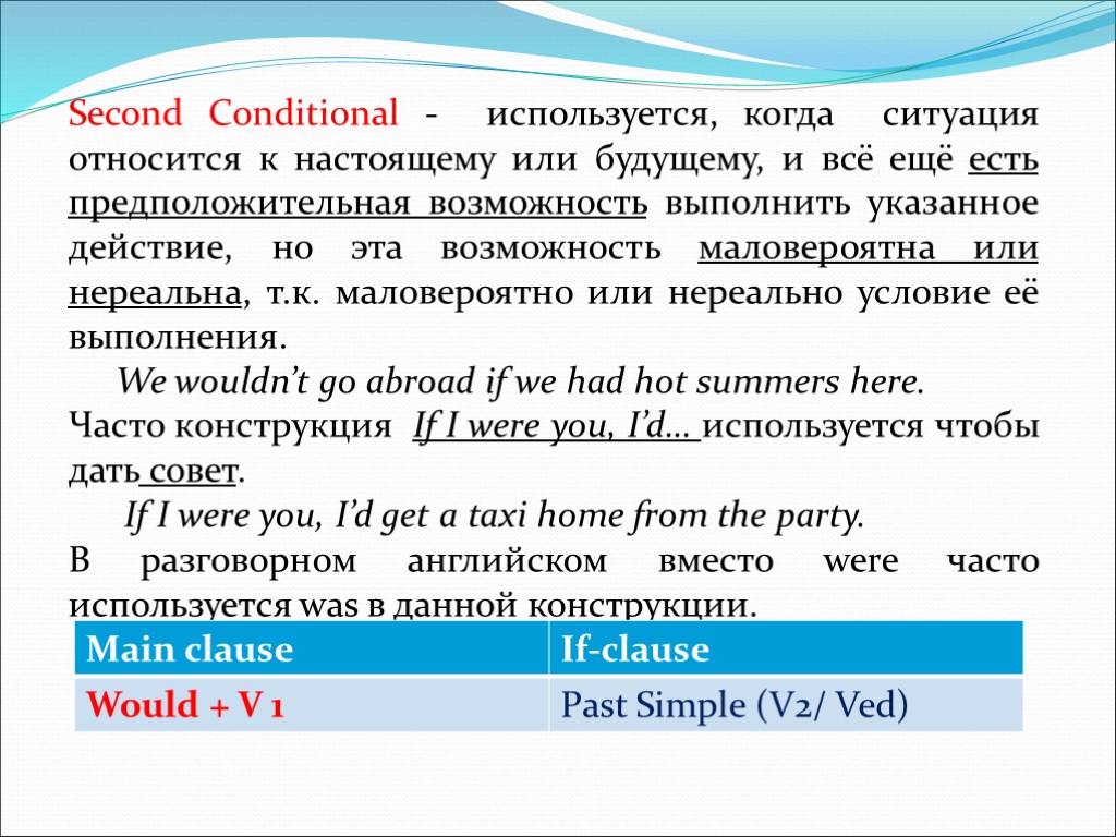 Second Conditional - используется, когда ситуация относится к настоящему или будущему, и всё ещё